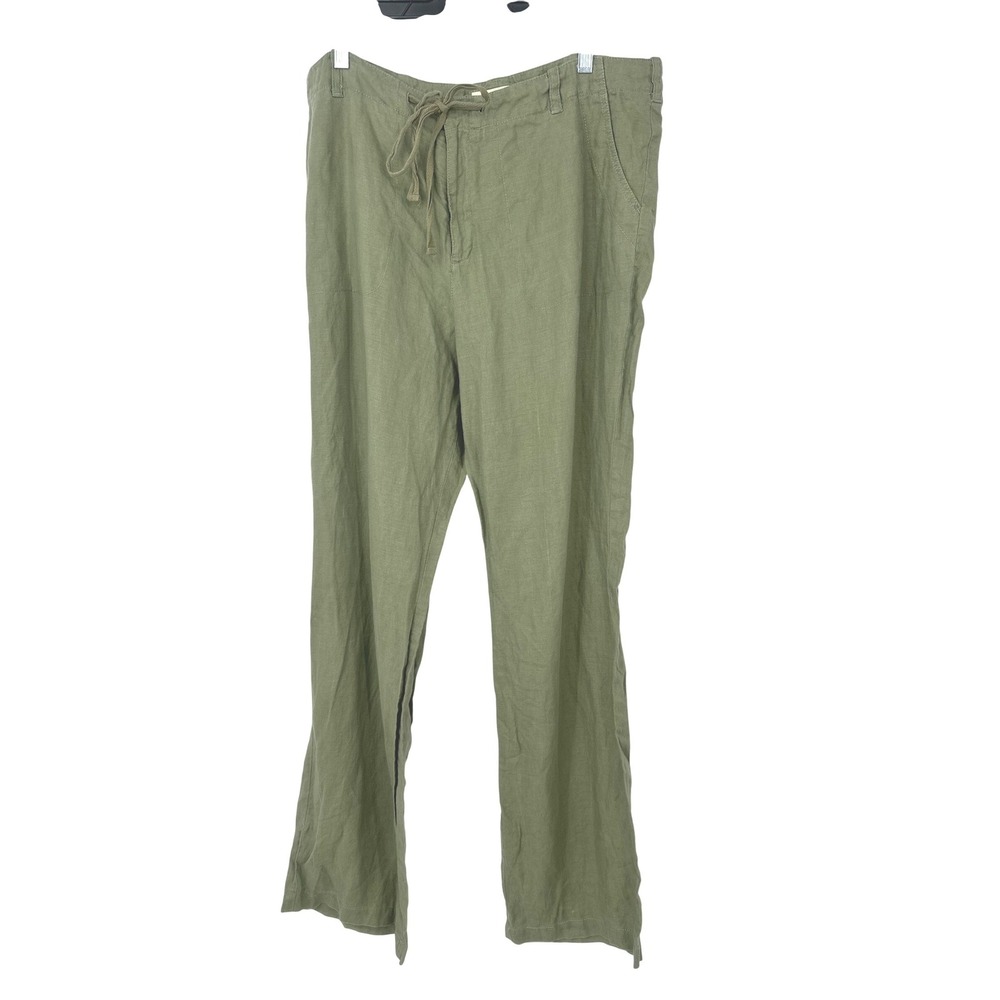 St Johns Bay Pants Women 16 Tall Green Linen Wide Leg Drawstring Casual Coastal